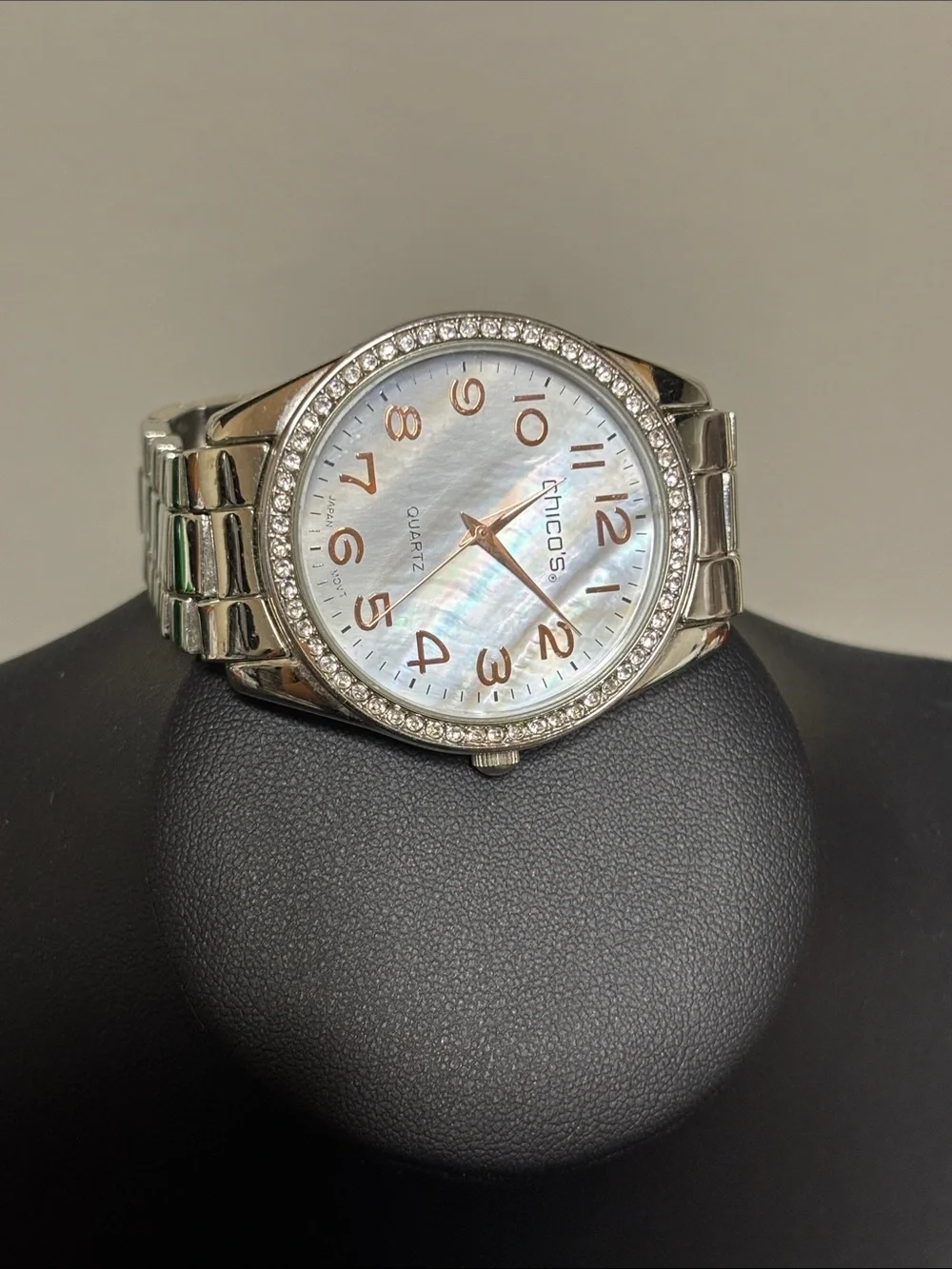 Chico’s Mother-of-Pearl Crystal Bezel Silver Watch Working Stainless Steel